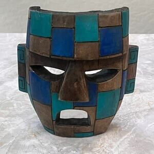 Handcrafted Mayan Wooden Mask Sculpture Wall Decor 7.5 x 6.5 Multicolor